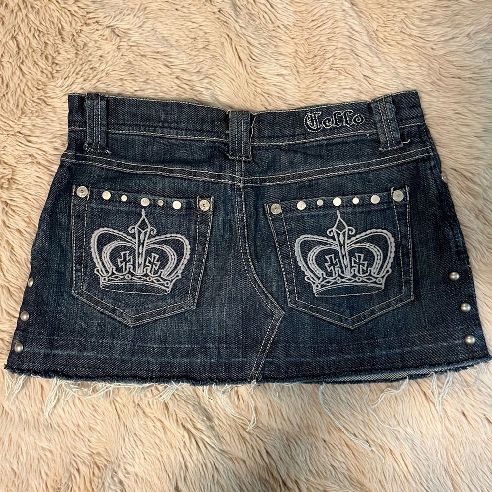 Cello Low Rise Distressed Studded Mini Denim Skirt